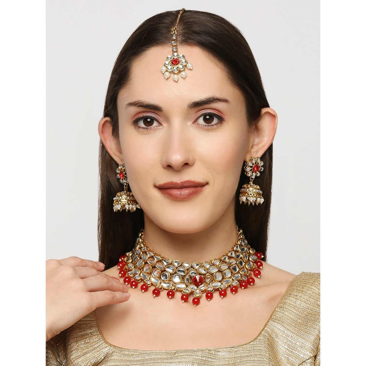 Buy OOMPH Red Beads Kundan Ethnic Choker Necklace with Jhumka